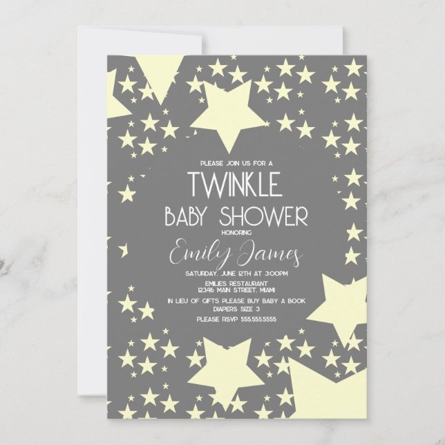 Twinkle Baby Shower Yellow Stars Grey Background Invitation (Front)