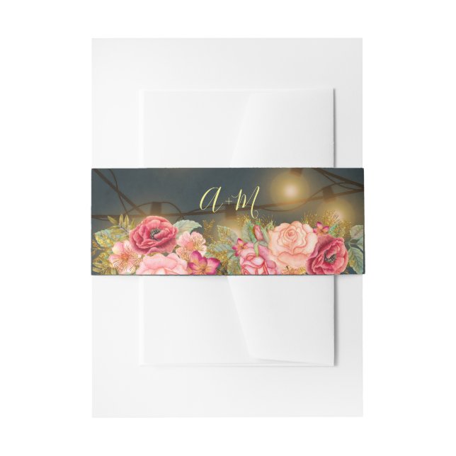 Twinkle lights blush pink roses monogram wedding invitation belly band (Front Example)