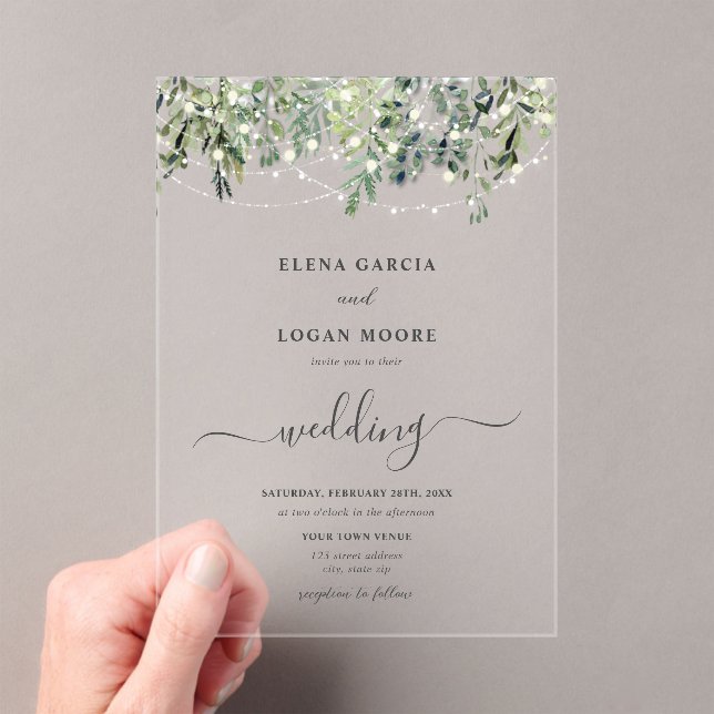 Twinkle Lights Greenery Wedding Acrylic Invitations (Insitu (Handheld))