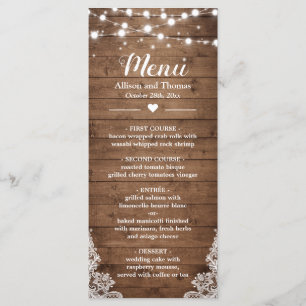 Twinkle Lights Lace Rustic Country Wood Wedding Menu
