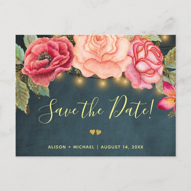 Twinkle lights navy blush roses wedding save date announcement postcard (Front)