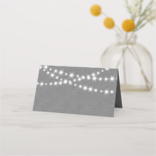 Twinkle Lights on Grey Burlap Folded Place Cards