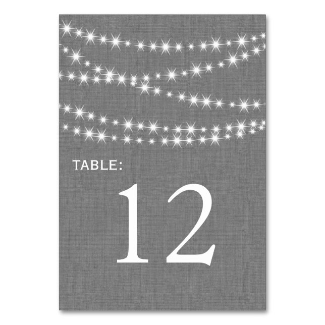 Twinkle Lights on Grey Burlap Table Number (Front)