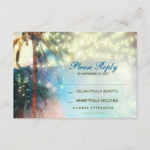 twinkle lights palms beach wedding RSVP card
