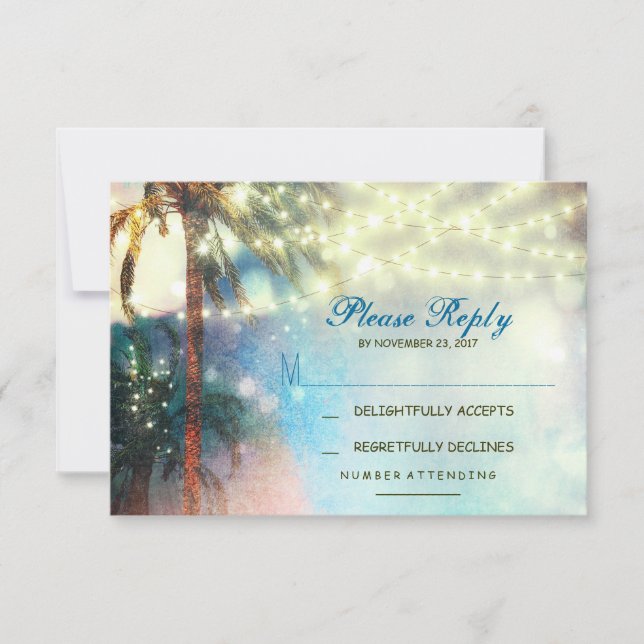 twinkle lights palms beach wedding RSVP card (Front)