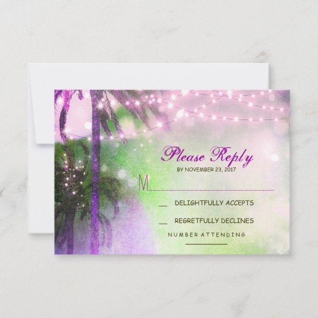 twinkle lights palms beach wedding RSVP card (Front)