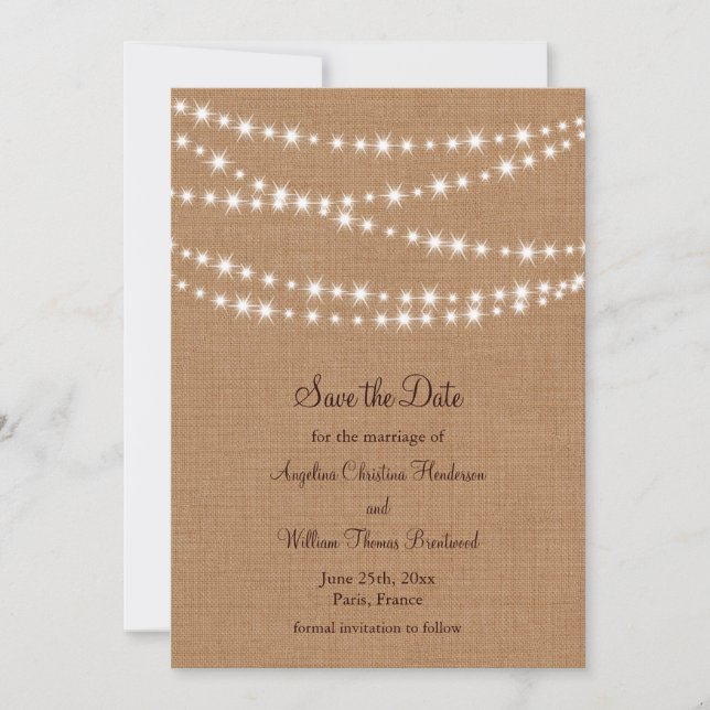 Twinkle Lights Save the Date on Burlap (Front)