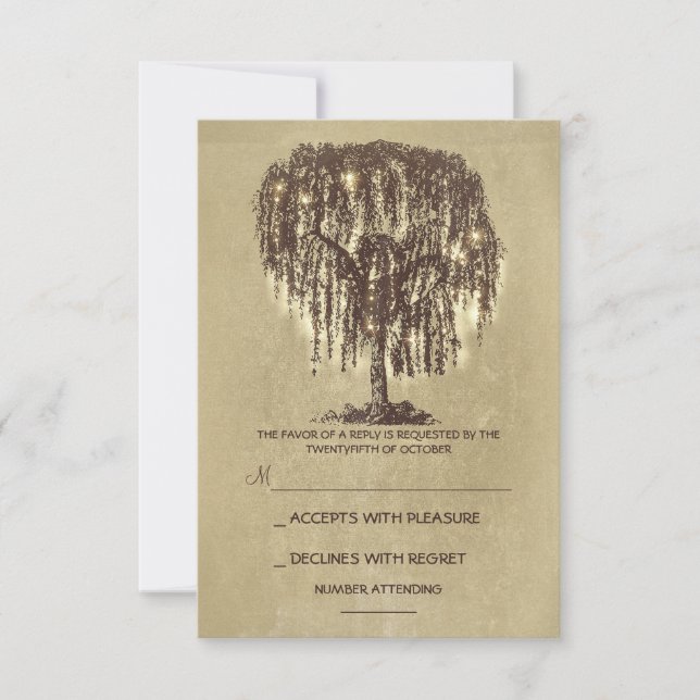 Twinkle Lights Tree Rustic Wedding RSVP card (Front)