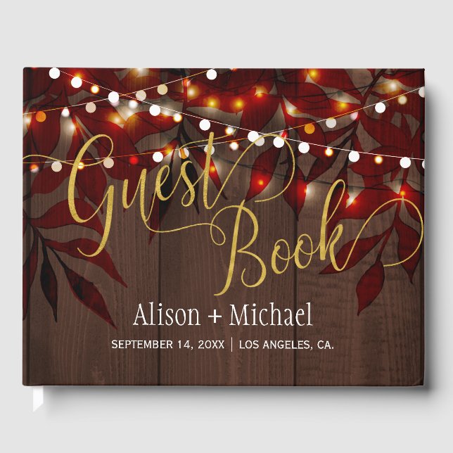 Twinkle lights wedding gold script guest book (Front)