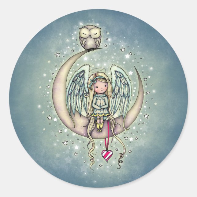 Twinkle Little Angel and Owl Illustrated Art Classic Round Sticker (Front)