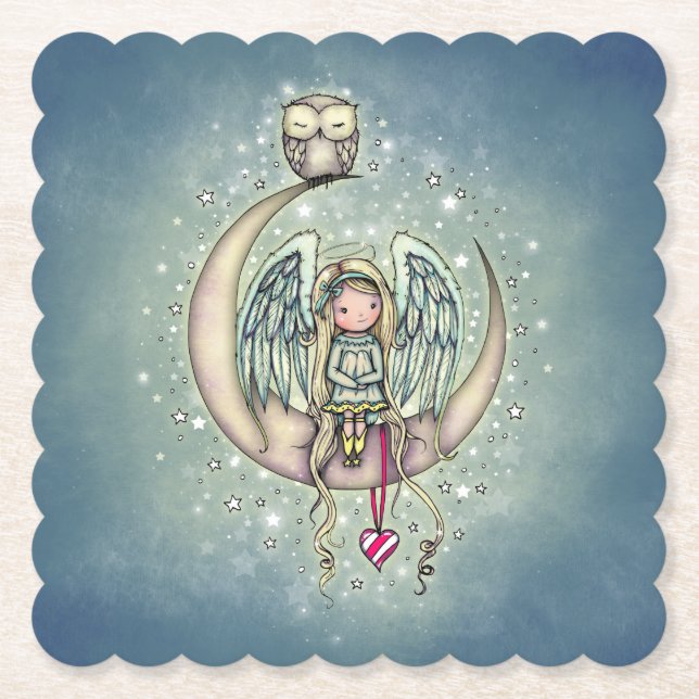 Twinkle Little Angel and Owl Illustrated Art Paper Coaster (Front)