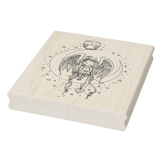 Twinkle Little Angel and Owl Illustrated Art Rubber Stamp (Stamp)