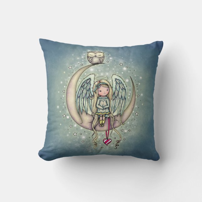 Twinkle Little Angel and Owl Illustration Throw Pillow (Front)