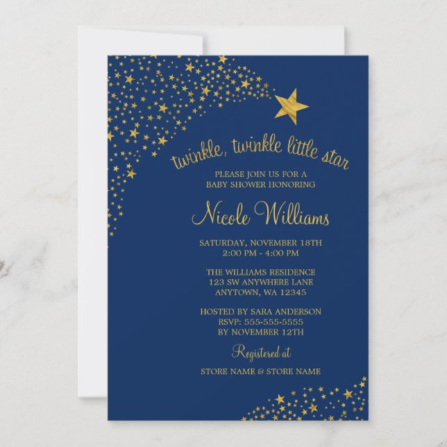 Twinkle Little Shooting Star Gold Navy Baby Shower Invitation (Front)