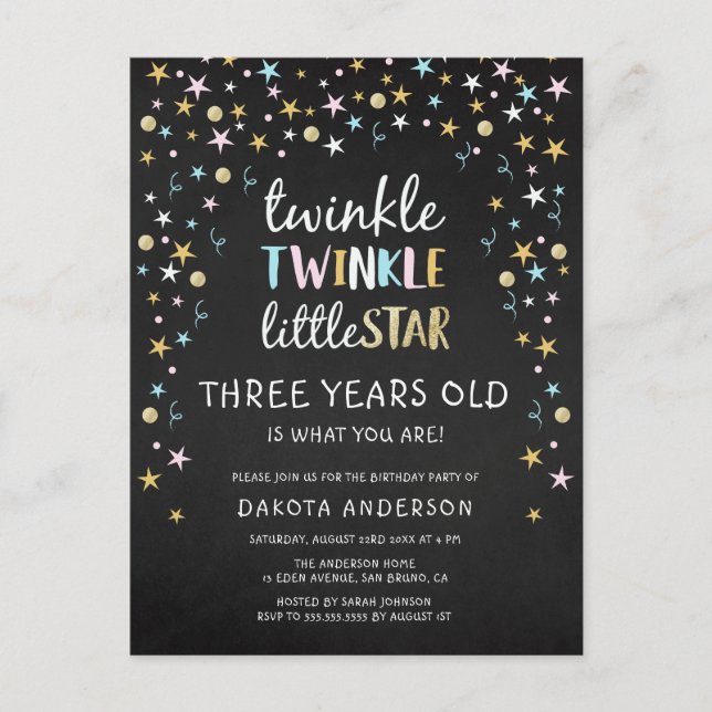 Twinkle Little Star 3 Years Old Is What You Are! Invitation Postcard (Front)