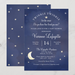 Twinkle Little Star and Moon Dark Blue Baby Shower Invitation