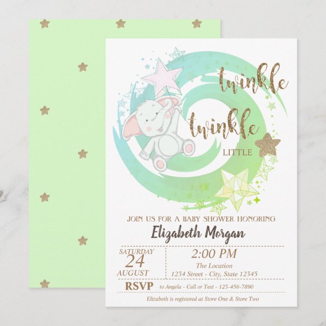 Twinkle Little Star,Baby Bear Green Baby Shower Invitation (Front/Back)