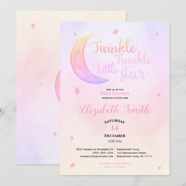 Twinkle little star baby girl babyshower invitation (Front/Back)
