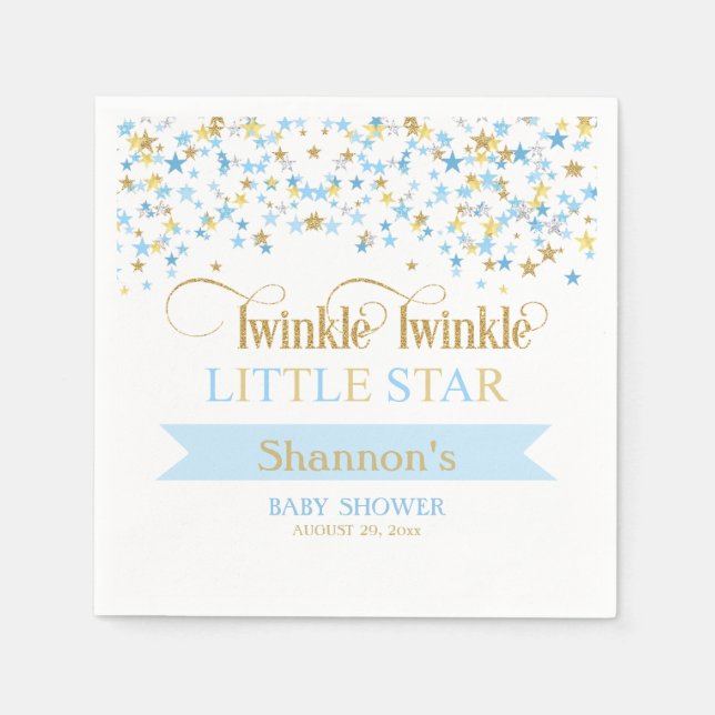 Twinkle Little Star Baby Shower Blue & Gold Napkin (Front)