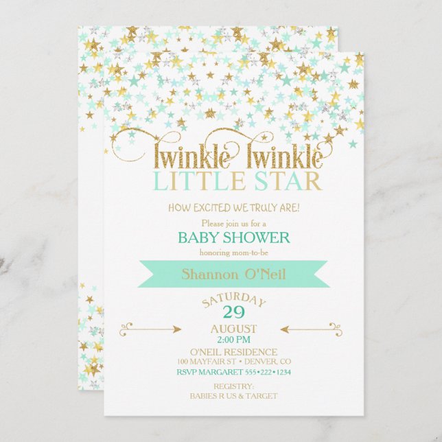 Twinkle Little Star Baby Shower Gold & Mint Invitation (Front/Back)