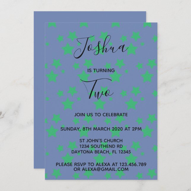 Twinkle Little Star birthday invitation Green (Front/Back)