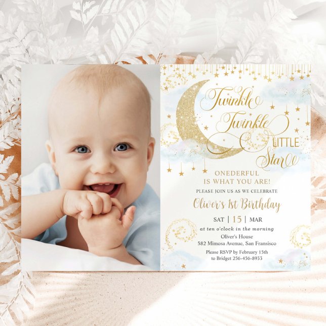 Twinkle Little Star Blue 1st Birthday Photograph Invitation (Creator Uploaded)