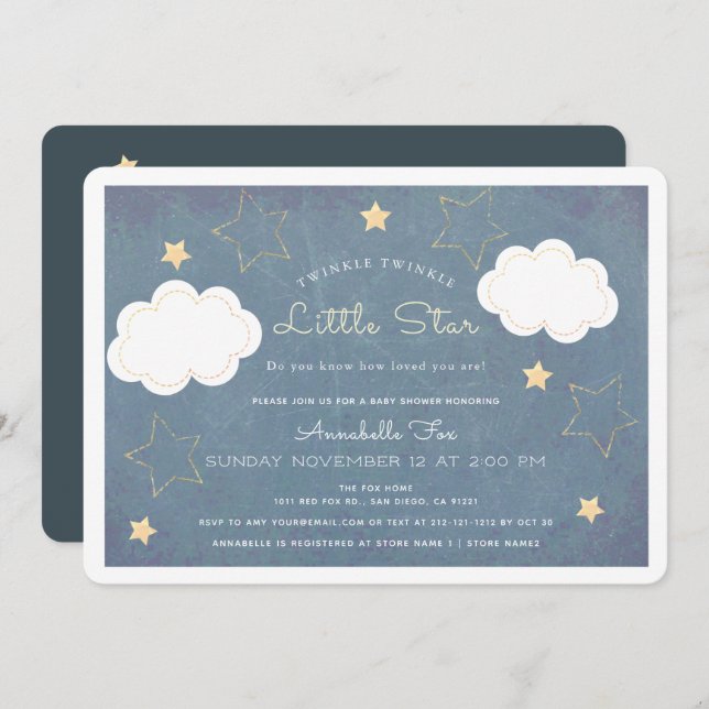 Twinkle Little Star Blue Chalkboard Baby Shower Invitation (Front/Back)