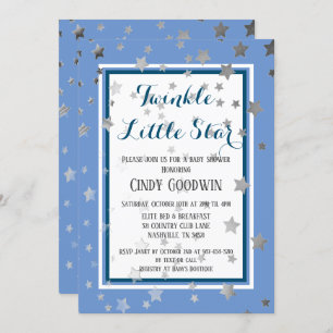 Twinkle Little Star Blue Silver Stars Baby Shower Invitation