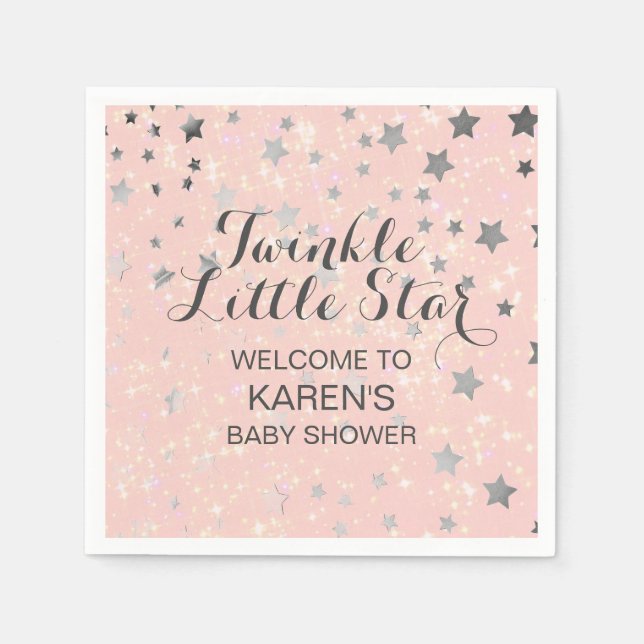Twinkle Little Star Blush Pink Silver Baby Shower Napkin (Front)