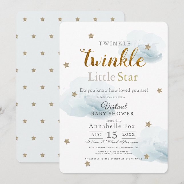 Twinkle Little Star Cloud Blue Virtual Baby Shower Invitation (Front/Back)