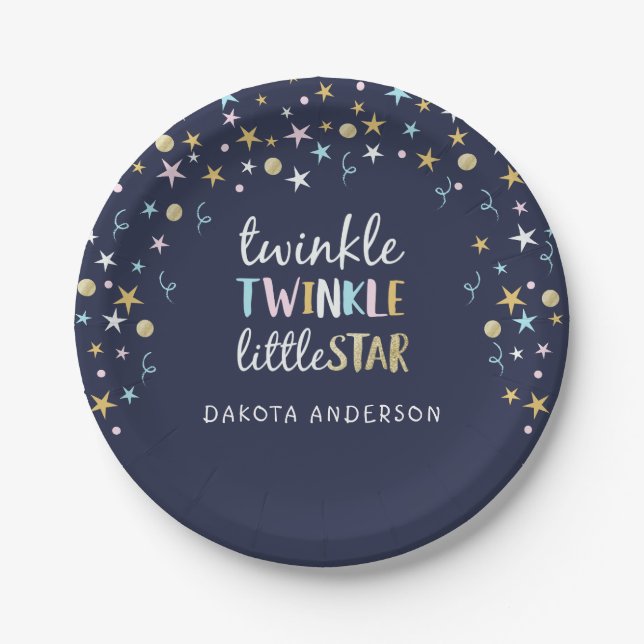 Twinkle Little Star Confetti & Blue Baby Shower Paper Plate (Front)