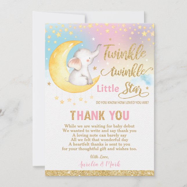 Twinkle Little Star Elephant Baby Girl Thank You Card (Front)