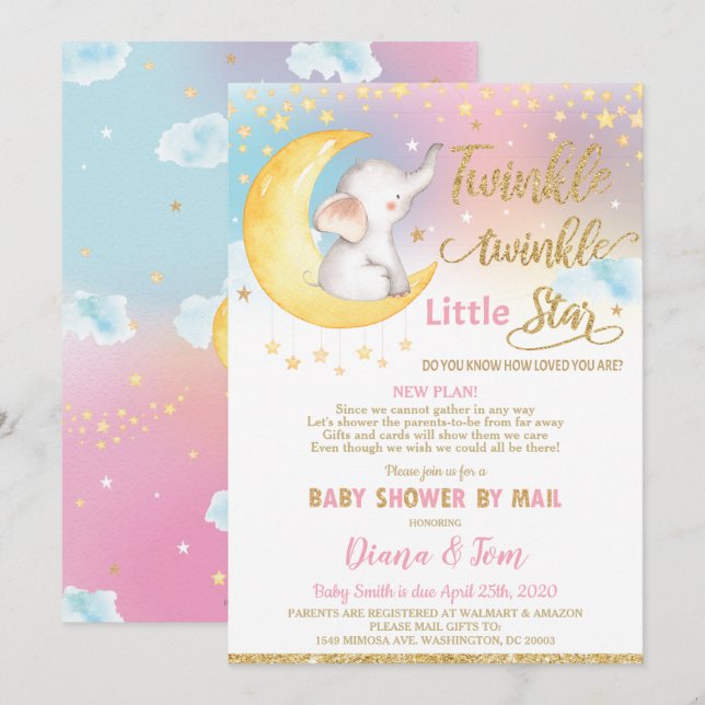 Twinkle Little Star Elephant Baby Shower by Mail Invitation (Front/Back)