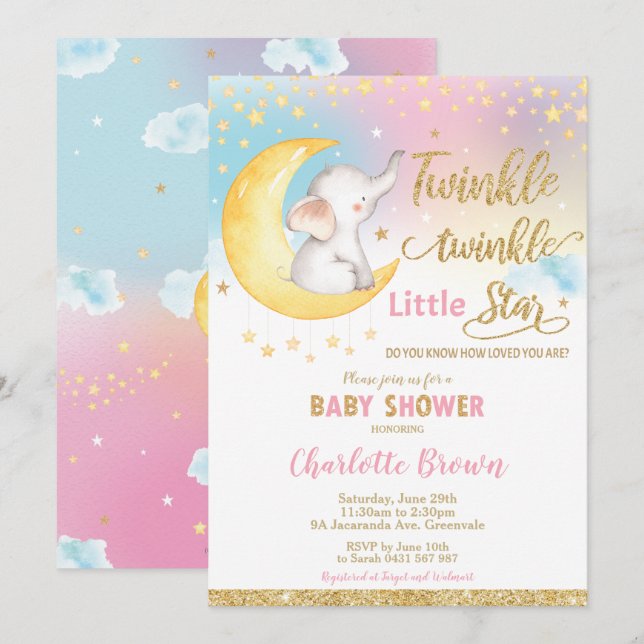 Twinkle Little Star Elephant Baby Shower Girl Invitation (Front/Back)