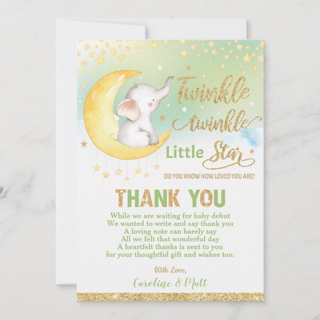 Twinkle Little Star Elephant Baby Shower Neutral Thank You Card (Front)
