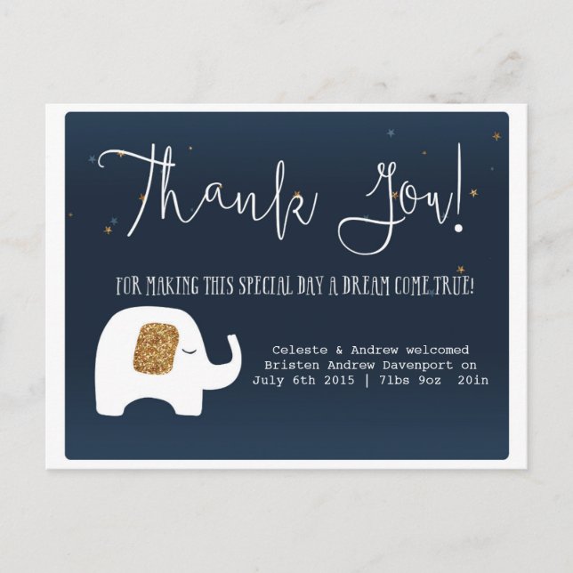 Twinkle Little Star Elephant Baby Shower Thank You Postcard (Front)