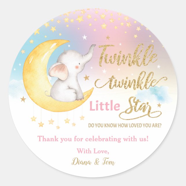 Twinkle Little Star Elephant Pink Favor Thank You Classic Round Sticker (Front)