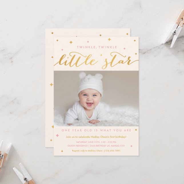 Twinkle Little Star First Birthday Invitation Girl (Front/Back In Situ)