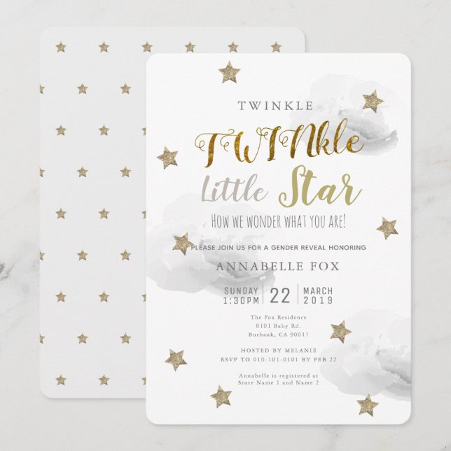 TWINkle Little Star Gender Reveal Baby Shower Invitation (Front/Back)