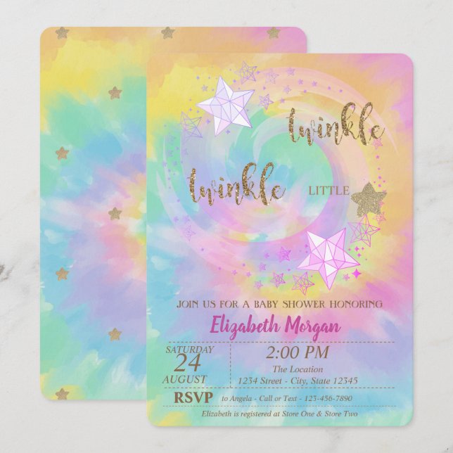 Twinkle Little Star Glitter Tie Dye Baby Shower  Invitation (Front/Back)
