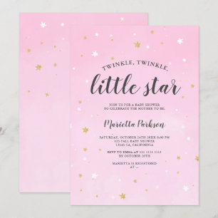 Twinkle little star gold glitter pink baby shower invitation