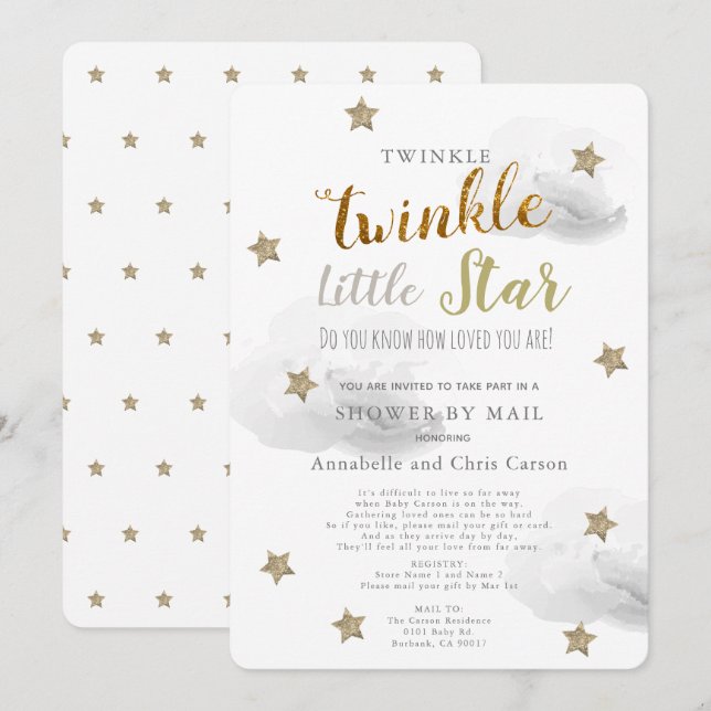 Twinkle Little Star Grey Cloud Baby Shower By Mail Invitation (Front/Back)