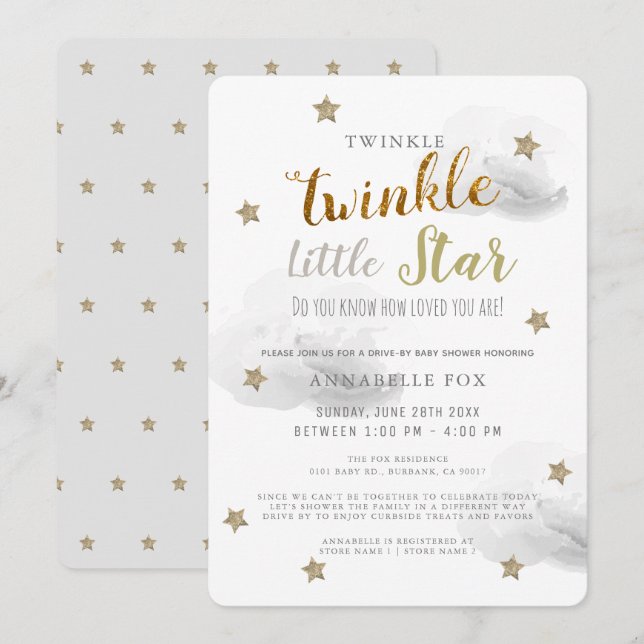 Twinkle Little Star Grey Drive-by Baby Shower Invitation (Front/Back)