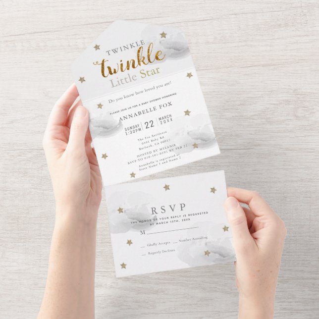 Twinkle Little Star Grey RSVP Baby Shower All In O All In One Invitation (Tearaway)