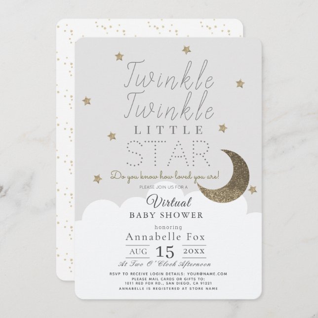 Twinkle Little Star Grey Virtual Baby Shower Invitation (Front/Back)