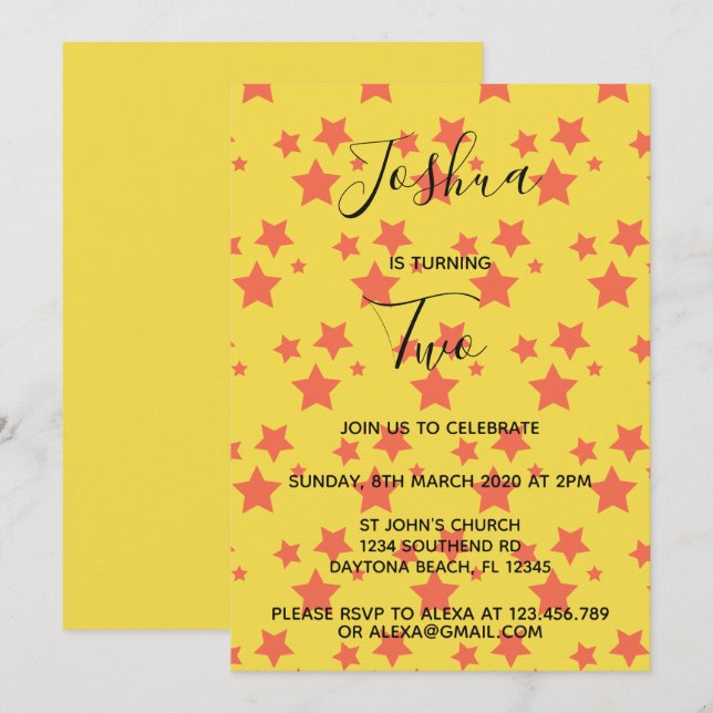 Twinkle Little Star invitation d'anniversaire jaun (Devant / Derrière)