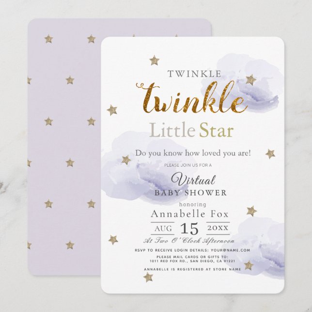 Twinkle Little Star Lavender Virtual Baby Shower Invitation (Front/Back)