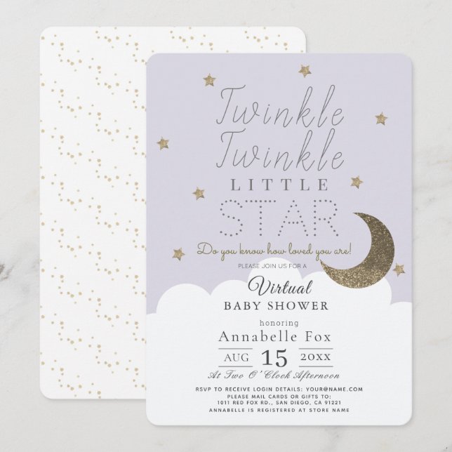 Twinkle Little Star Lilac Virtual Baby Shower Invitation (Front/Back)