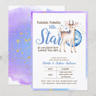 Twinkle Little Star Little Deer Blue Gold Modern Invitation