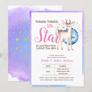 Twinkle Little Star Little Deer Pink Gold Modern Invitation